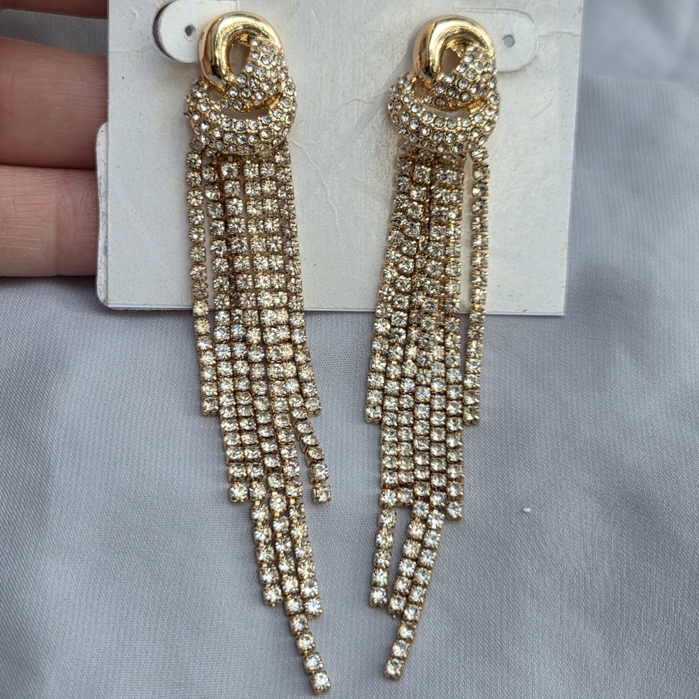 NEW Gemma Layne Rhinestone Tassels Pave Knot Chandelier Earrings